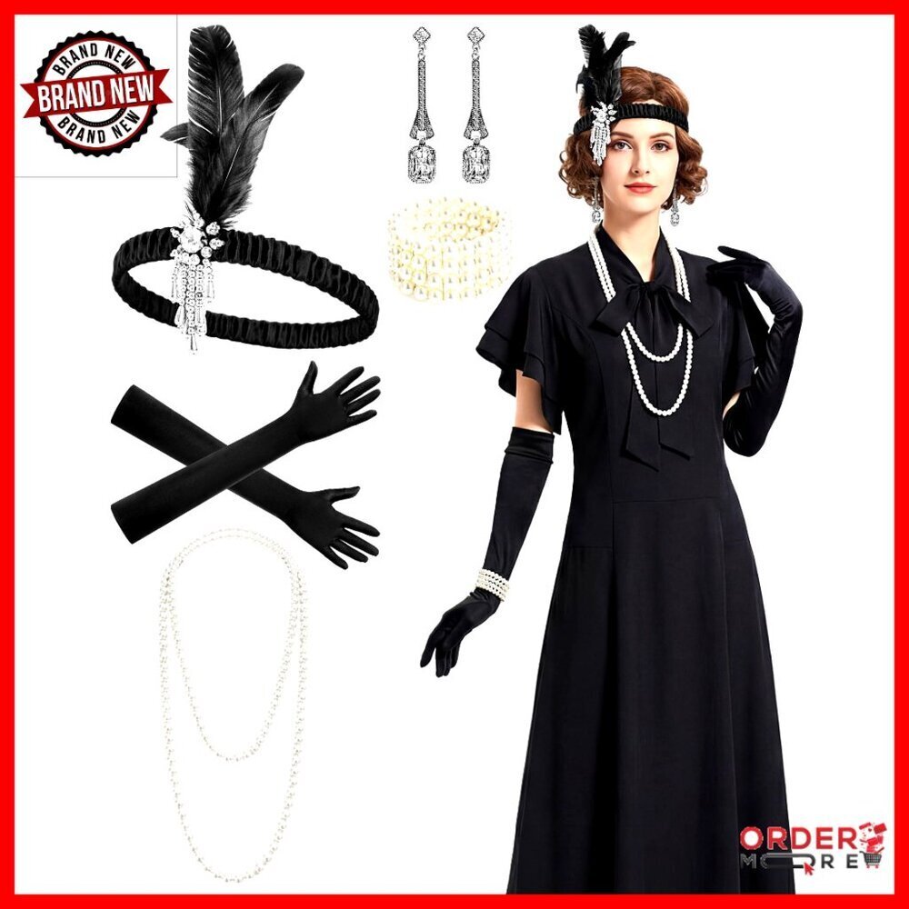 Vintage 1920s Flapper Costume Set with Dress and Accessories for Women